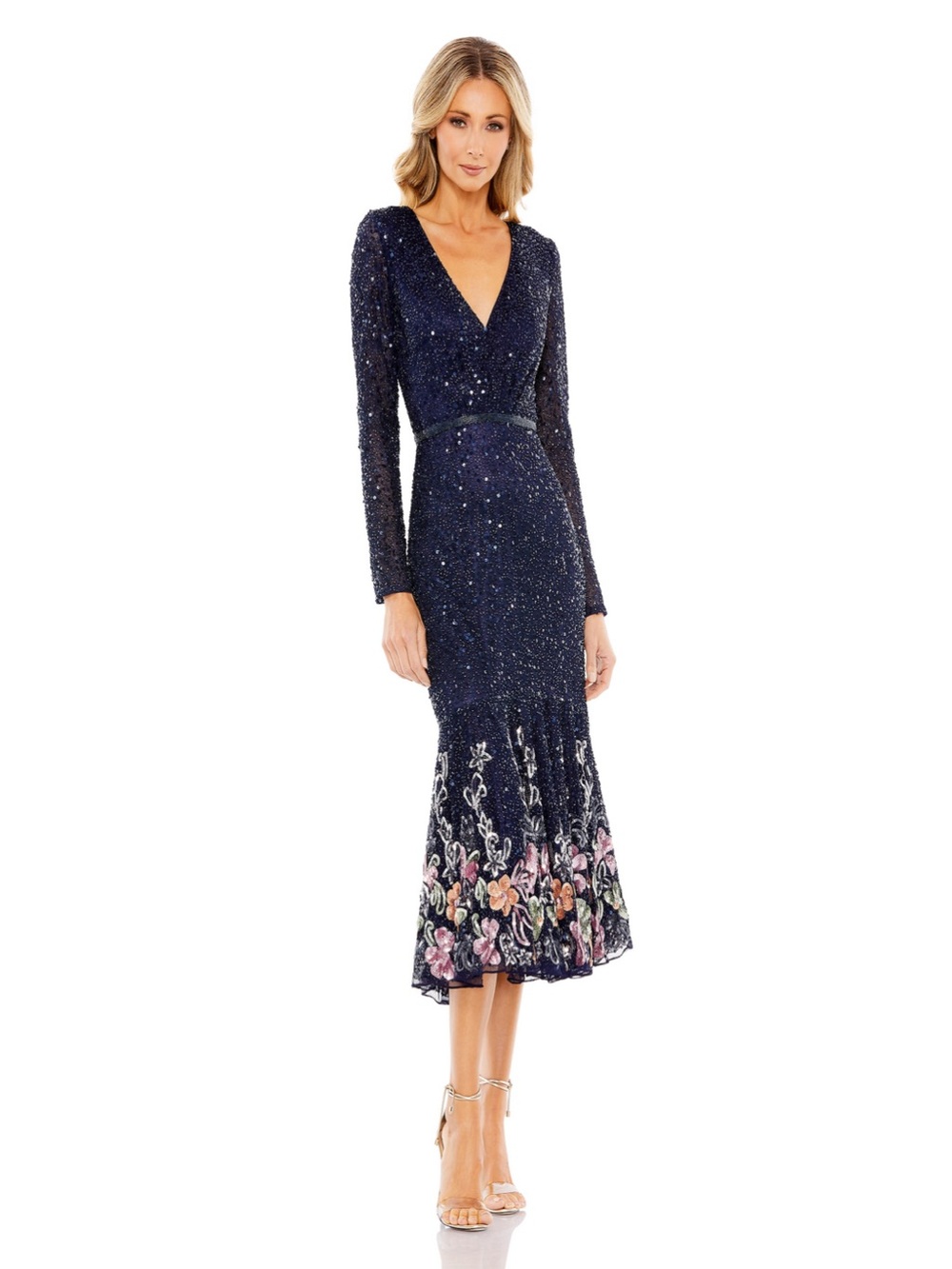 Mac Duggal Beaded Midi Dress in Midnight NEW